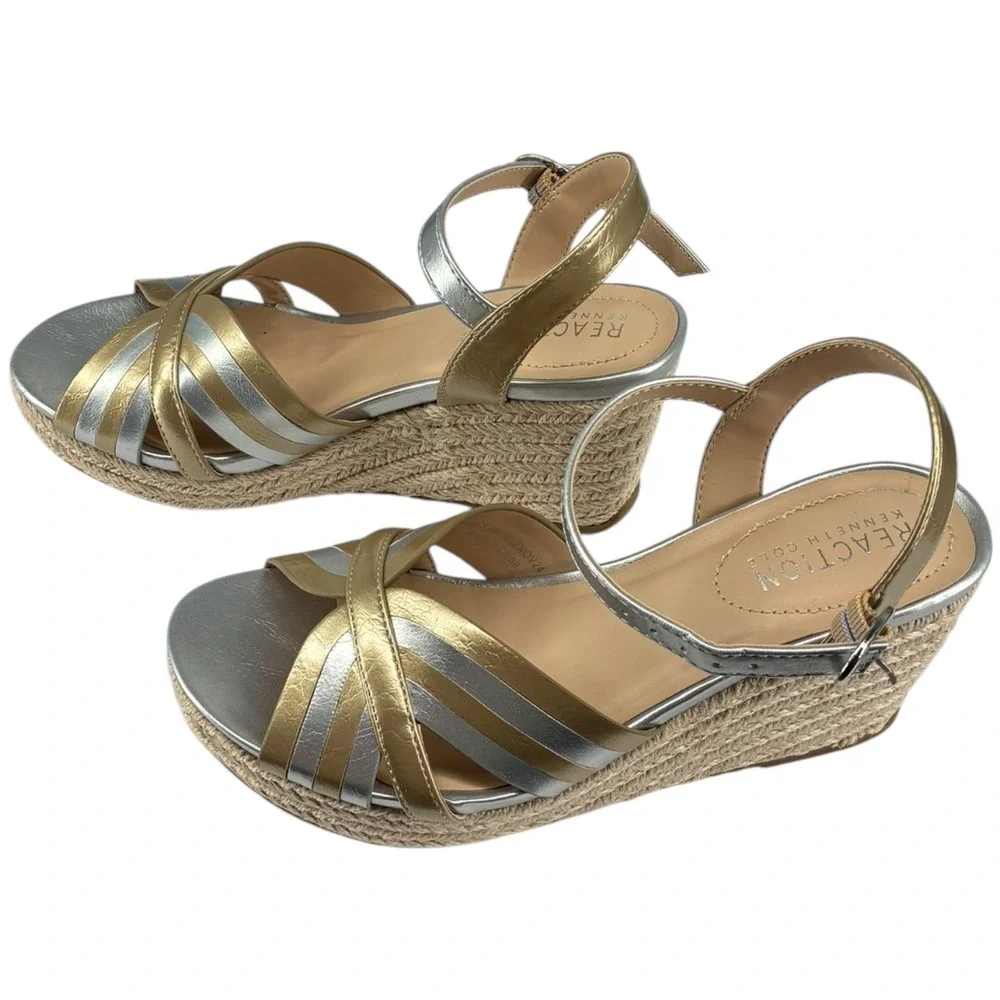 Kenneth Cole Reaction Comi Wedge Espadrille Sandals Gold Silver‎ 5.5M NIB